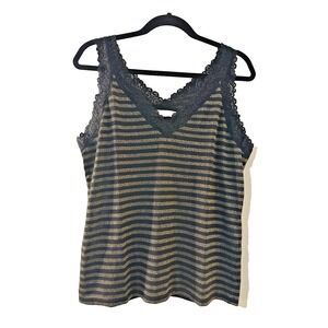 August Silk Womans Striped Lace Trim Tank Top Size L Y2K Whimsigoth Fairygrunge